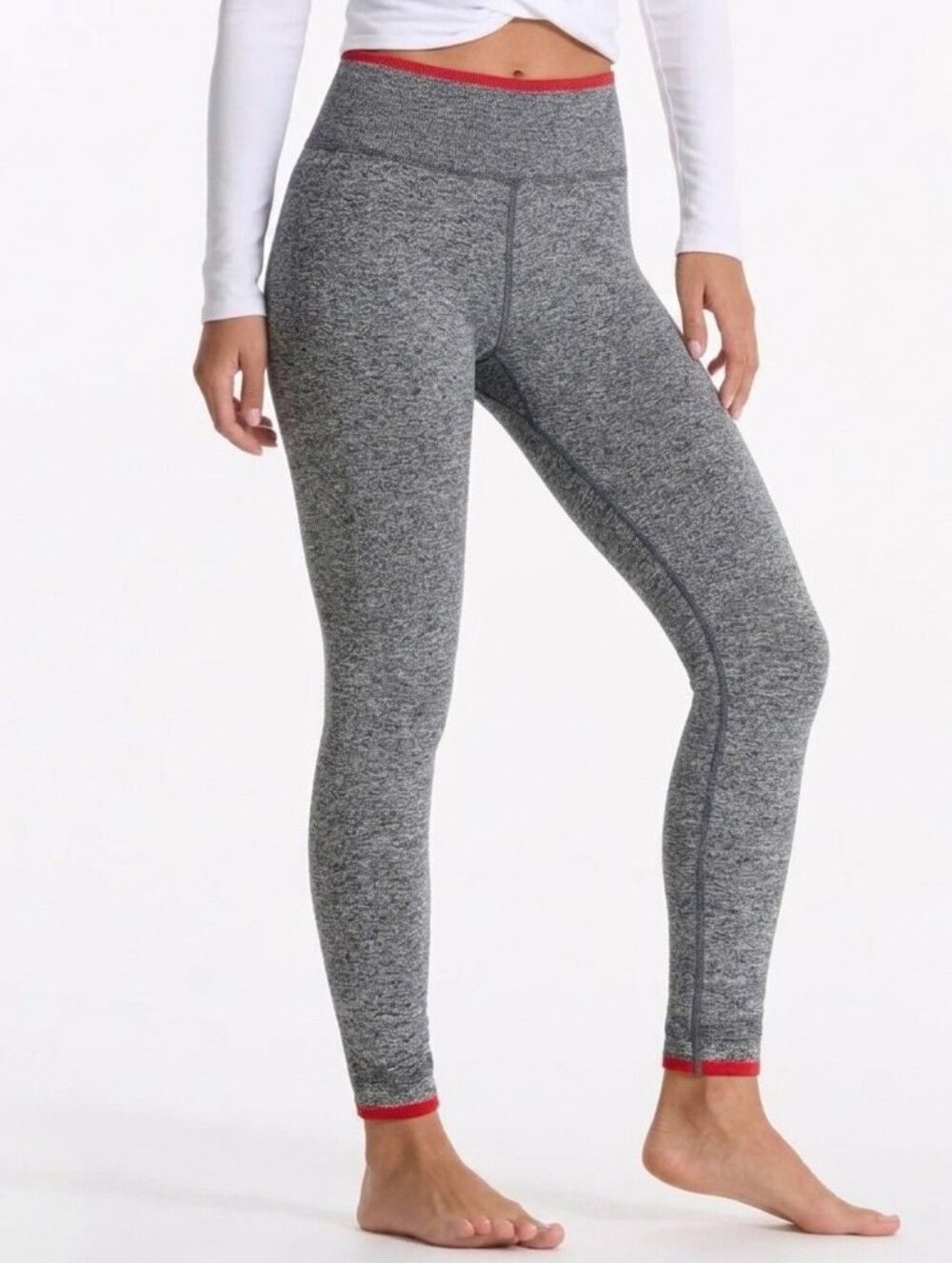 Athleta Andes Tight Leggings Small Yoga Pants Gray Red Knit THigh Waisted Ribbed